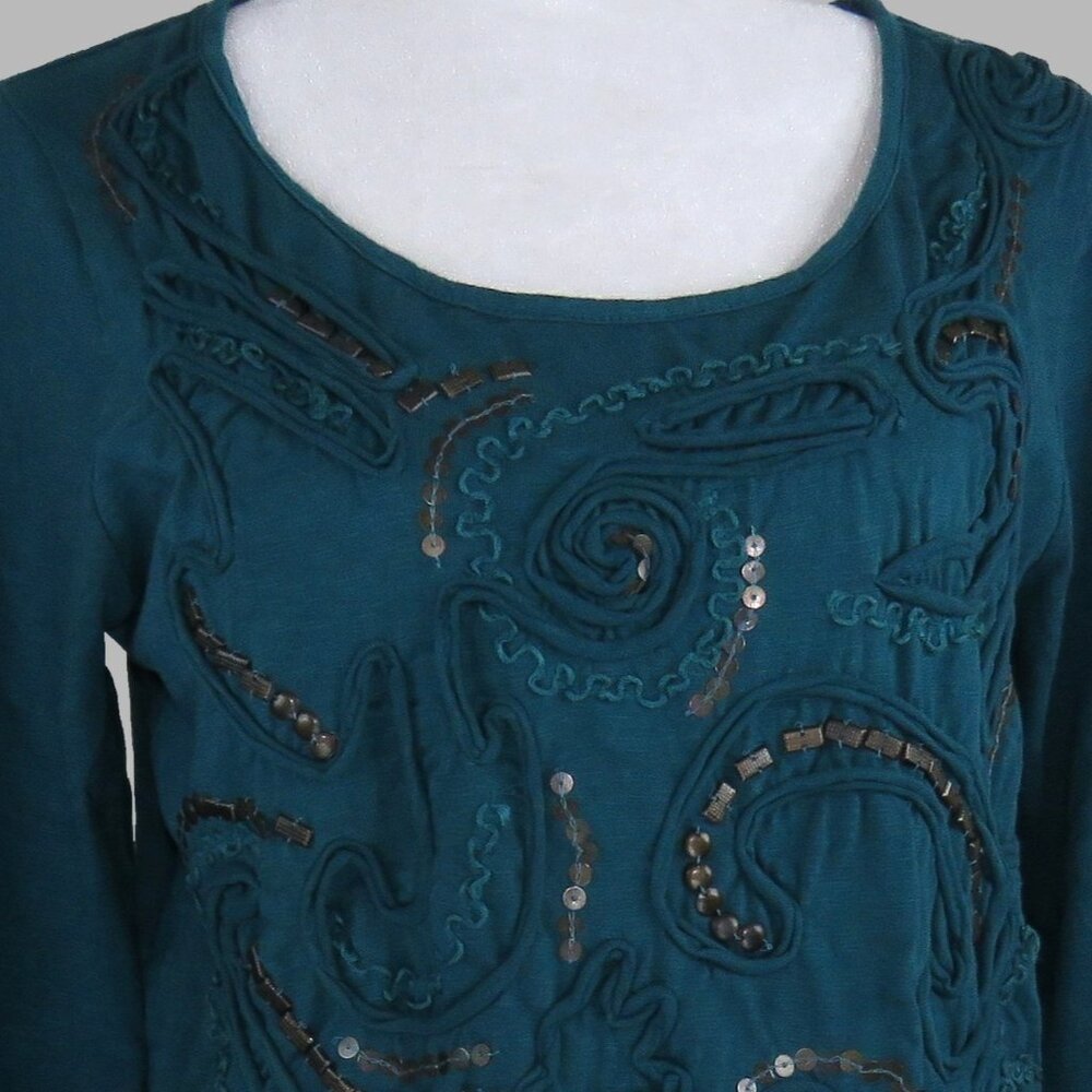 Coldwater Creek Women's Teal 3/4-Sleeve Pullover Embellished Top Size S (C2027)